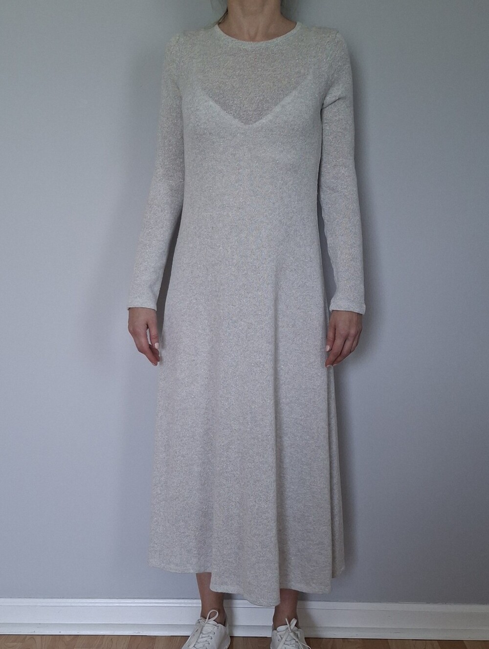 ZARA Shiny Metallic Thread Long Sleeve Maxi Dress Silver Gray Knit Small